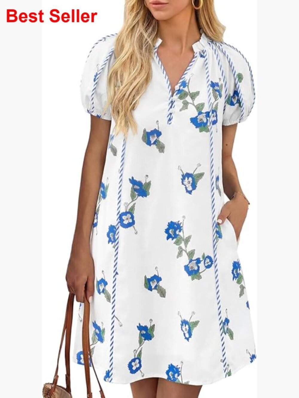 Polyester Elastane Mini Dress with Puff Sleeves and Button V-Neck